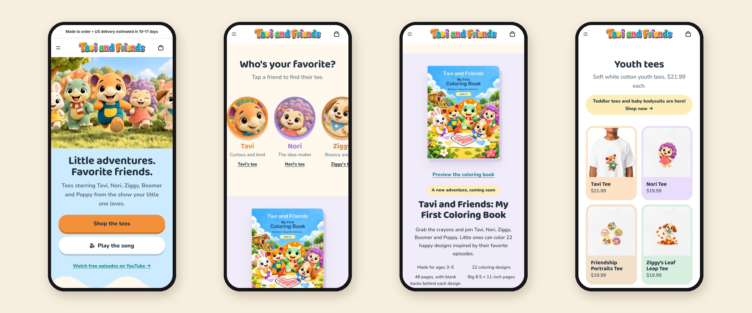 Tavi and Friends website on four phone screens: homepage, character picker, coloring book, and youth tees
